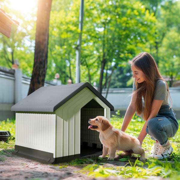 PawHut Hundehütte, 62L x 61B x 60H cm, Kunststoff, Grau+Weiß