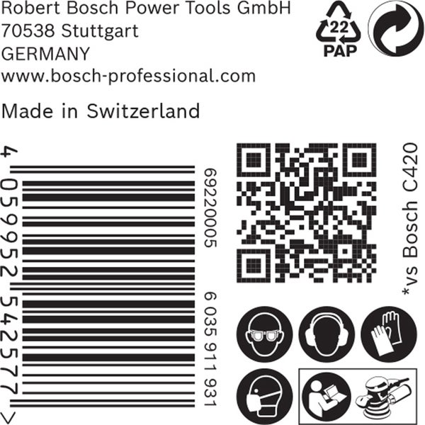 Robert Bosch Power Tools GmbH Logo, Papier-Recycling Symbol, Barcode, QR-Code, Sicherheitshinweise