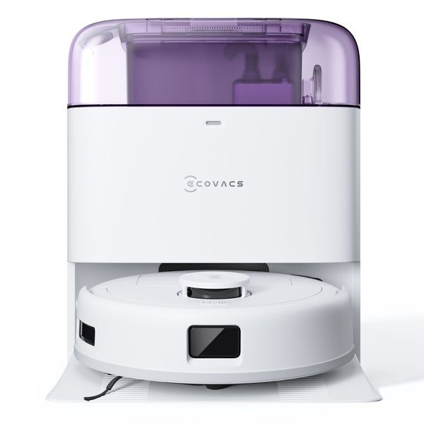 Ecovacs Logo auf einem Saugroboter mit Absaugstation.