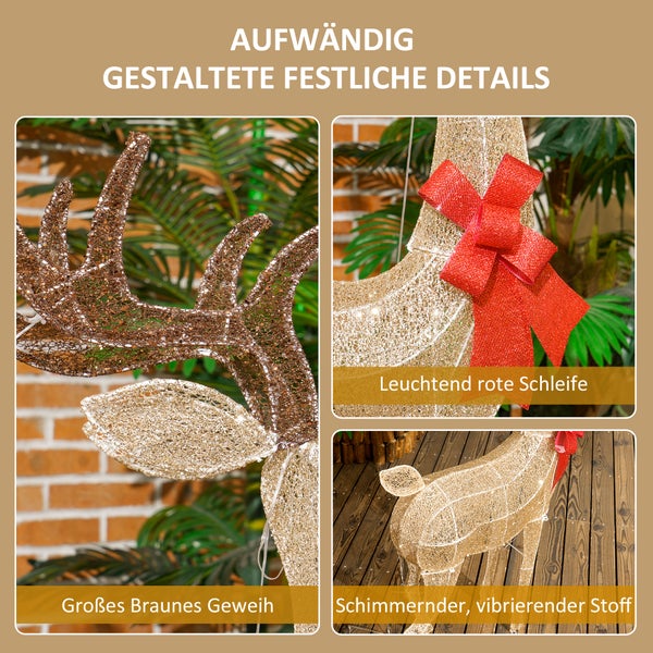 Detailansichten einer Rentier-Weihnachtsdekoration mit braunem Geweih, schimmerndem goldfarbenem Stoff und einer roten Schleife.