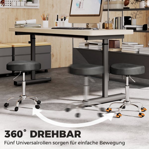 Hocker mit Rollen und 360 Grad Drehfunktion in einem modernen Arbeitszimmer mit Schreibtisch.