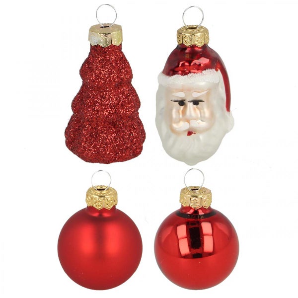 Set mit vier Christbaumkugeln mit den Motiven Tannenbaum, Weihnachtsmann und Kugel