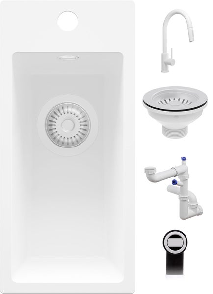 Einbauspüle-Set in Weiß mit Einzelbecken, Küchenarmatur mit Auszugsbrause, Siebkorb-Abflussventil, Siphon und Überlauf.