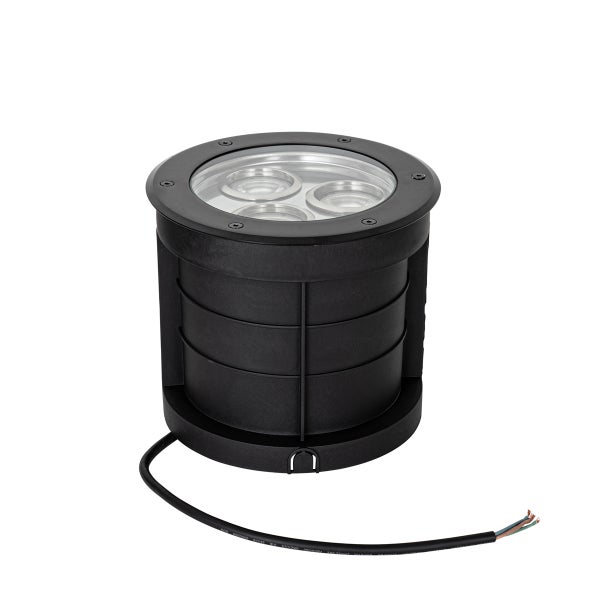 Schwarzer Boden-Einbaustrahler aus Kunststoff mit drei LED-Lichtquellen und Glasabdeckung sowie Anschlusskabel.