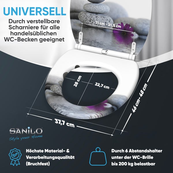SANILO WC-Sitz mit Stein- und Blumenmotiv, universell passend, Maße 37,7 mal 46 bis 48 Zentimeter, belastbar bis 200 Kilogramm.