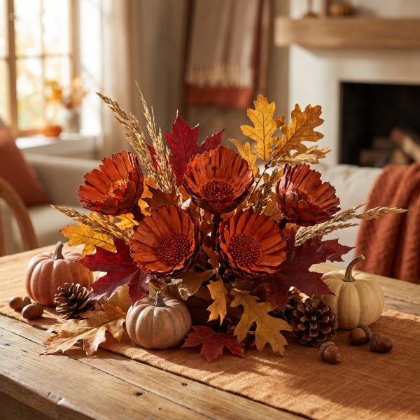 Herbstliche Tischdekoration mit künstlichen Blüten, Ahornblättern, Kürbissen, Tannenzapfen und Eicheln auf einem rustikalen Holztisch.