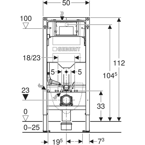 Technische Zeichnung eines Geberit Spülkastens mit Maßangaben