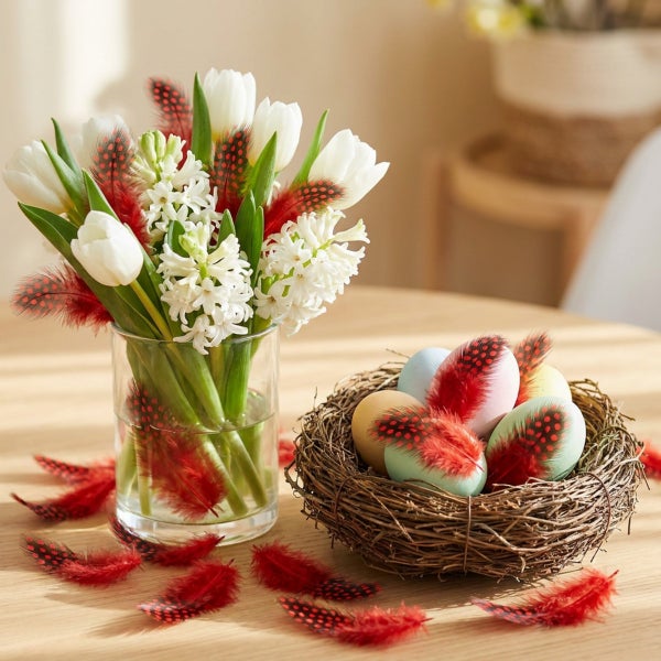Osterdekoration mit Tulpen und Hyazinthen in einer Glasvase neben einem Nest mit Ostereiern und verzierten Federn auf einem Holztisch.
