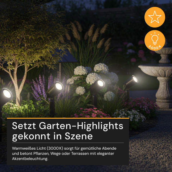 Garten mit Pflanzen, Bäumen und Gartenstrahlern mit warmweissem Licht