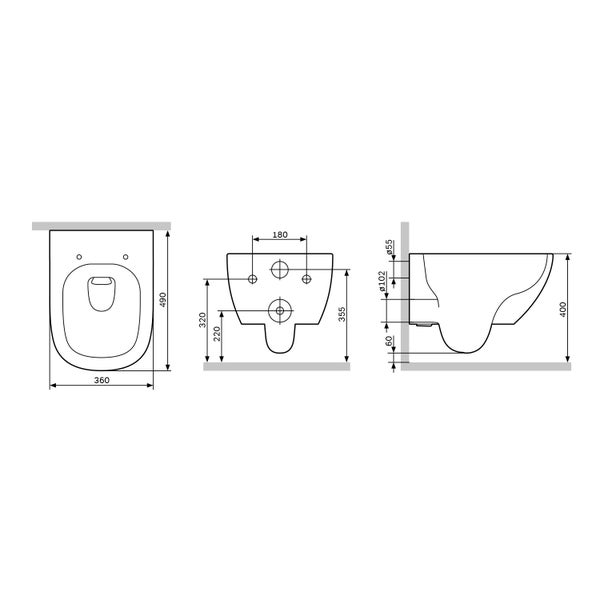 Maßzeichnung für eine Wand-Toilette mit Angaben zu Breite, Tiefe, Höhe und Montageabständen in Millimetern.