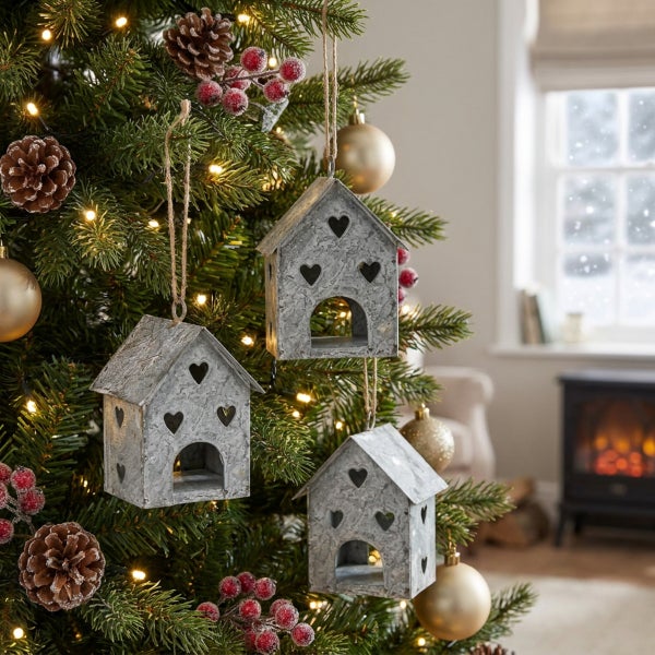 Drei hängende Weihnachtsbaumanhänger in Hausform aus Metall mit ausgestanzten Herzmotiven als Dekoration für den Weihnachtsbaum.