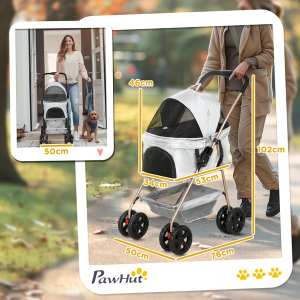 PawHut Hundewagen 3 in 1 Hundebuggy Faltbar Hundebox, klappbar Transporttasche mit Getränkehalter, Hunde Buggy, Katzenwagen mit 360° Räder Katzenbuggy für Mini Hunde unter 4 kg, Hellgrau