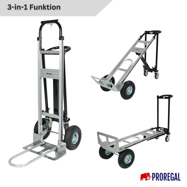 3-in-1 Aluminium-Sackkarre mit drei Funktionen: aufrecht, geneigt und als Plattformwagen. Mit großen Gummirädern und Proregal Logo.