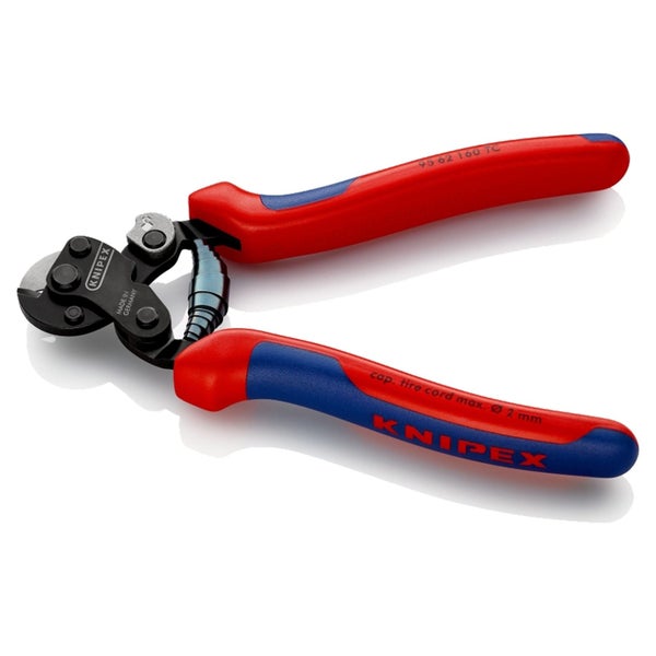 Knipex Drahtseilschere für Reifencord mit rot-blauen Mehrkomponenten-Griffen und integrierter Feder.