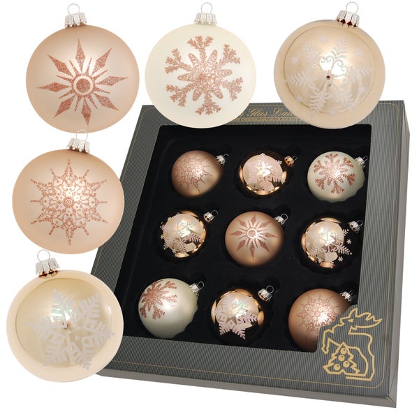 Beige/Cappuccino 8cm Glaskugelsortiment, mundgeblasen, handbemalt, 9 Stck., Weihnachtsbaumkugeln, Christbaumschmuck, Weihnachtsbaumanhänger