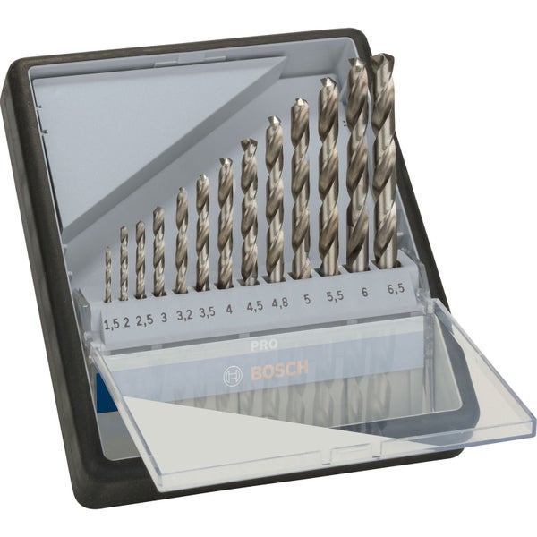 Set aus Metallbohrern in verschiedenen Größen mit Angaben zu Durchmesser und Länge