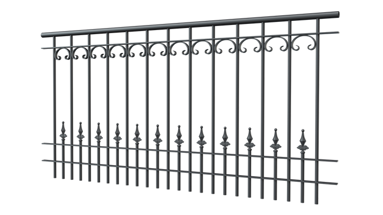 Zierzaun-Element aus Metall mit dekorativen Schnörkeln und Spitzen, Geländer.