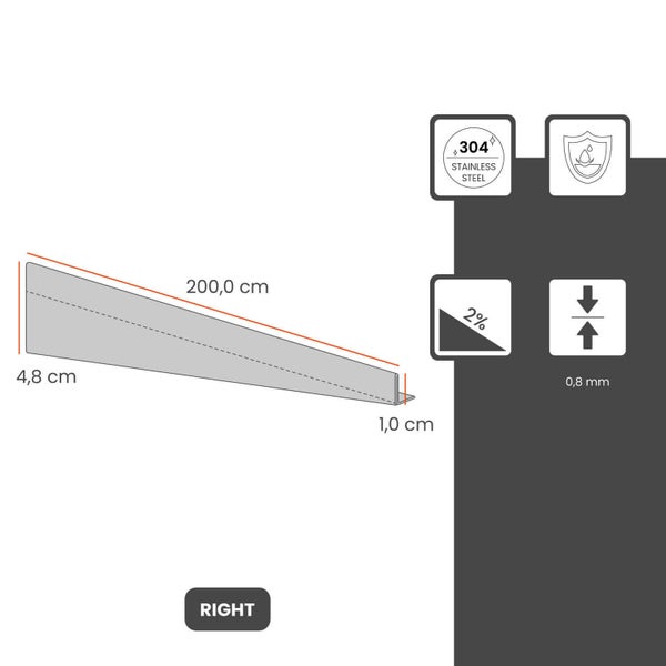 Gefälleprofil rechts aus Edelstahl 304, Länge 200,0 cm, Höhe 4,8 cm bis 1,0 cm, 2 Prozent Gefälle, Materialstärke 0,8 mm.