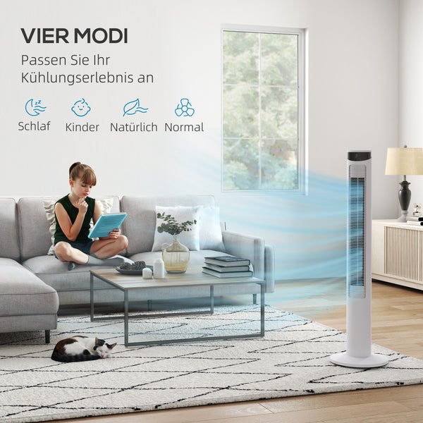 HOMCOM Turmventilator, Standventilator mit 3 Belüftungsstufen, Fernbedienung, 45W Ventilator mit 12H Timer, 70° Oszillation, für Schlafzimmer, Weiß