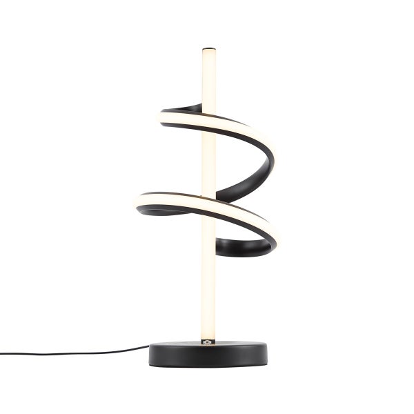Moderne LED-Tischleuchte mit schwarzem Spiralelement um eine leuchtende Mittelsäule auf einem runden Standfuss.