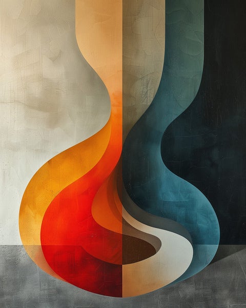 Abstraktes Gemälde mit wellenförmigen Formen in verschiedenen Farbtönen