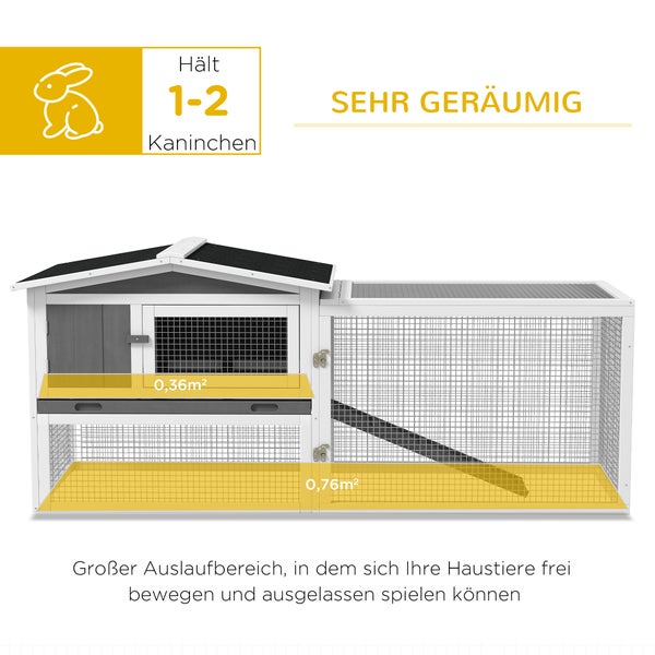 PawHut Hasenstall Kaninchenstall mit Freilaufgehege Bodenwanne, Rampe, Kleintierstall aus Holz Meerschweinchen Gehege mit 2 Etagen, Sichtfenster, für Zwergkaninchen 156x58x68 cm, Hellgrau