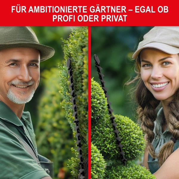 Ein Mann und eine Frau verwenden eine elektrische Heckenschere zum präzisen Schneiden von Hecken und Buchsbäumen im Garten.