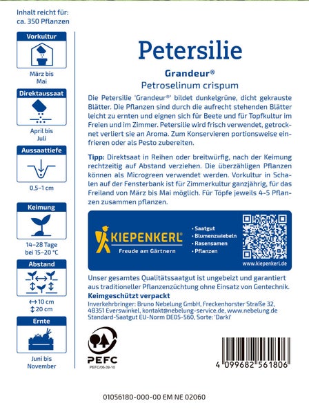 Saatgut Petersilie Grandeur mit Anbauinformationen und Hinweisen zur Aussaat sowie Kiepenkerl Logo und PEFC Logo.
