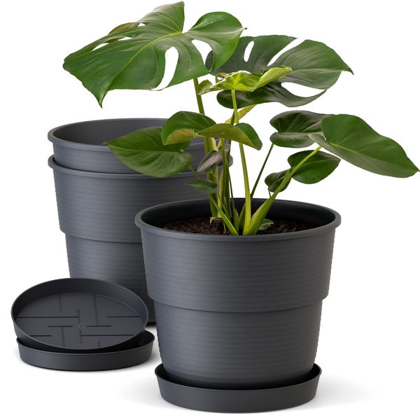 Plastard Blumentopf 3er Set mit Untersetzer Anthrazit 26 x 21 cm Pflanzkübel für Innen und Außen