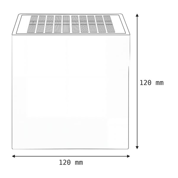 Technische Zeichnung einer quadratischen Solarleuchte mit einer Seitenlänge von 120 Millimetern.