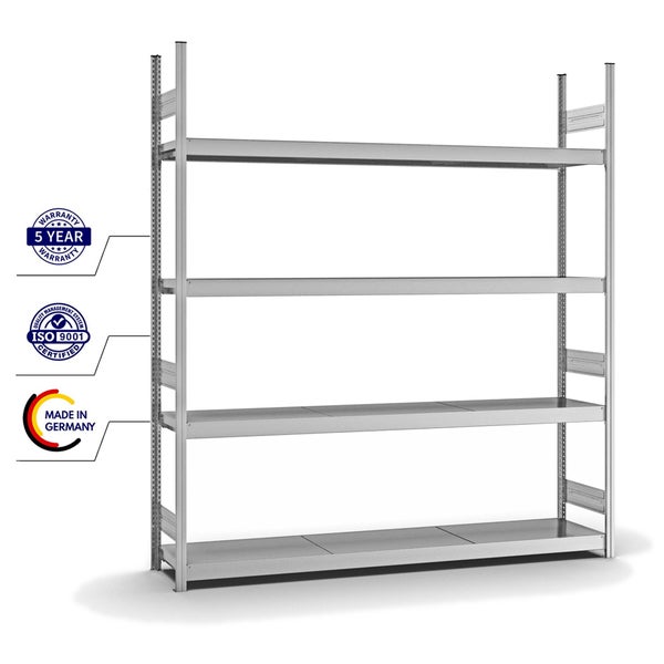 PROREGAL Weitspannregal Stecksystem T-Profil Grundregal HxBxT 250x225x40 cm 4 Ebenen Stahlplatten Fachboden Fachlast 350 kg Verzinkt