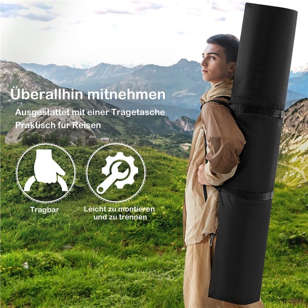 Mann in Berglandschaft trägt große schwarze Tragetasche auf dem Rücken; Symbole für Tragbarkeit und einfache Montage.
