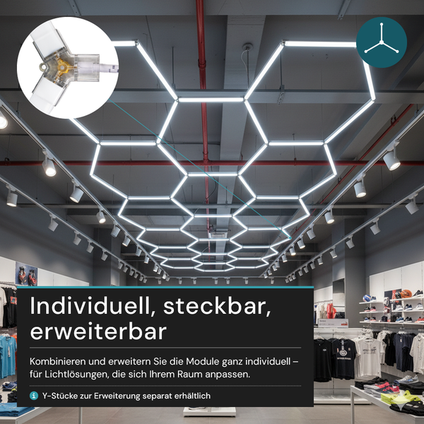 Individuell anpassbare, steckbare und erweiterbare LED-Leuchtelemente in sechseckiger Form in einem Geschäft