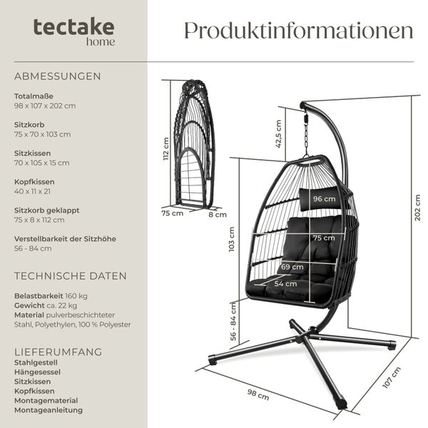 Infografik mit Abmessungen und Daten zum tectake home Hängesessel aus pulverbeschichtetem Stahl, Polyethylen und 100 Prozent Polyester mit Kissen.