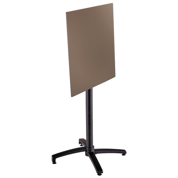 Quadratischer Bistrotisch mit klappbarer Tischplatte in Taupe und schwarzem Mittelfußgestell.