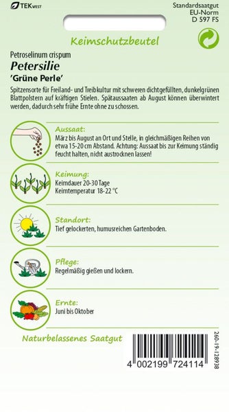 Petersilie Saatgutpackung mit Anweisungen zur Aussaat, Keimung, Standort, Pflege und Ernte