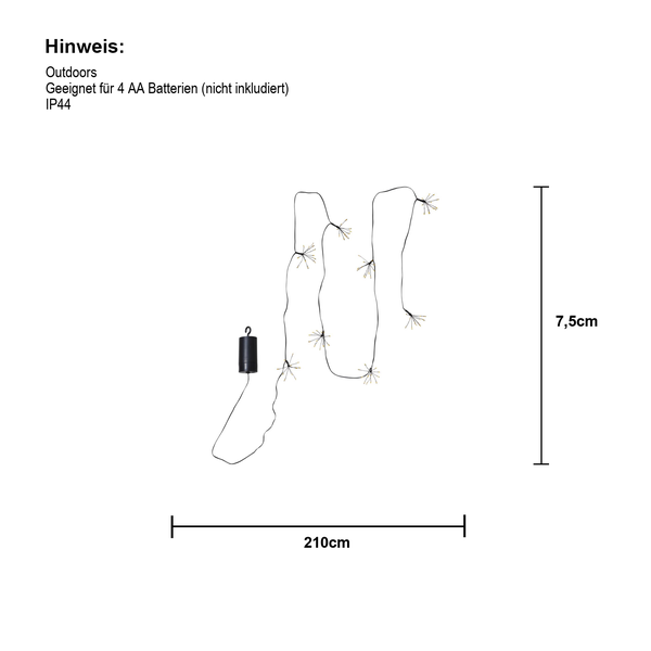 Illustration einer Lichterkette mit Batteriefach und Maßangaben