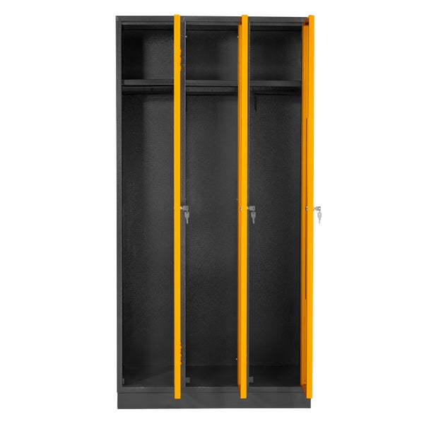 PROREGAL Garderobenschrank Ermine mit 3 Türen | HxBxT 178x89x50cm | Anthrazitgrau/Gelb | Spind, Aufbewahrungsspind, Arbeitsschrank