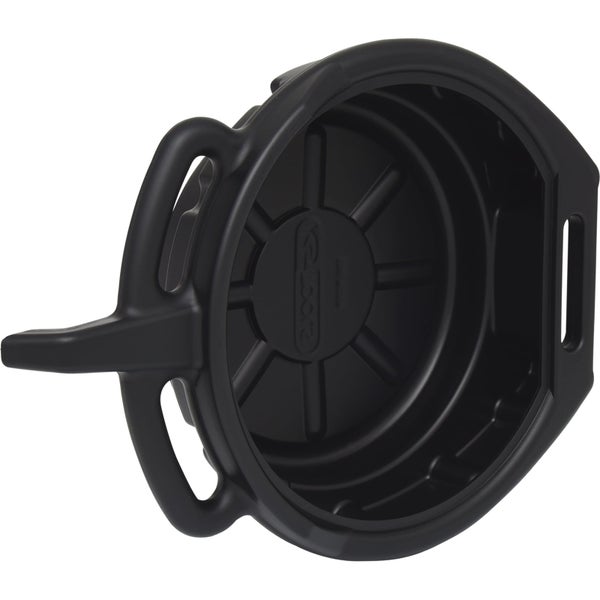 Schwarze KS Tools Ölauffangwanne aus Kunststoff mit Ausgießer und Handgriffen.