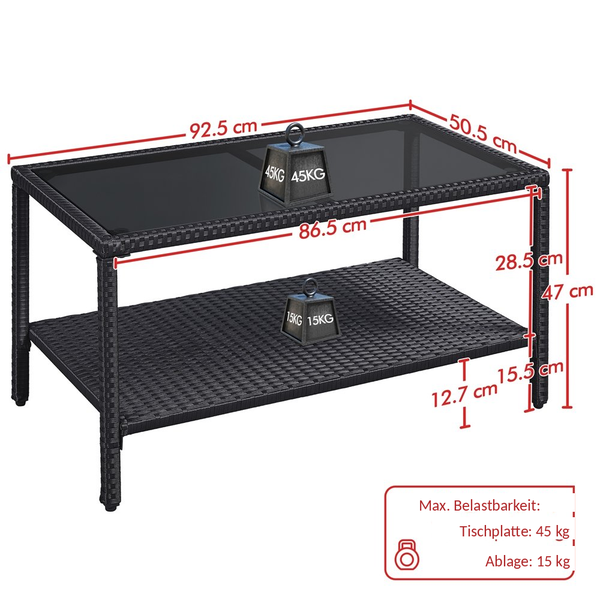 Schwarzer Gartentisch aus Polyrattan mit Glasplatte, Maße in Zentimetern und Belastbarkeit von 45 Kilogramm oben und 15 Kilogramm unten.