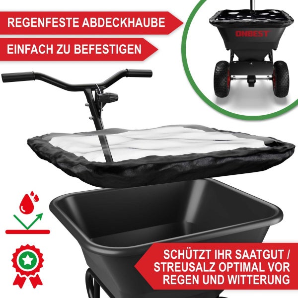 Regenfeste, transparente Abdeckhaube für Streuwagen mit elastischem Rand zum Schutz von Saatgut und Streusalz vor Witterungseinflüssen.