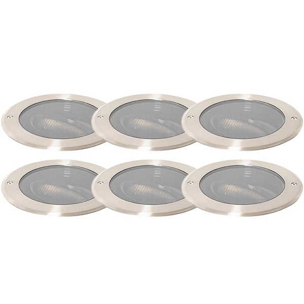 Sechser-Set runde LED-Bodeneinbaustrahler aus Edelstahl und Glas für den Außenbereich.