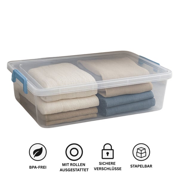 Transparente Aufbewahrungsbox mit Rollen, sicheren Verschlüssen und BPA-frei, stapelbar