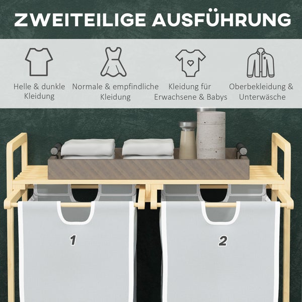 HOMCOM Bambus Wäschekorb 2 Fächer Wäschesammler mit Griff, 2 abnehmbaren Wäschesacke, Plattform, Wäschebox Wäschesortierer für Waschküche Schlafzimmer Badezimmer Natur+Creme