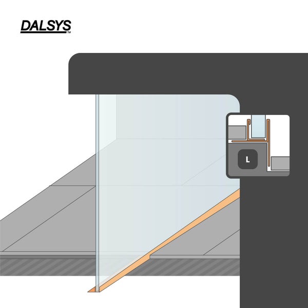 DALSYS Logo. Technische Zeichnung eines L-Profils als Kantenschutz für Fliesen an einer Stufe oder einem Bodenübergang mit Detailansicht.