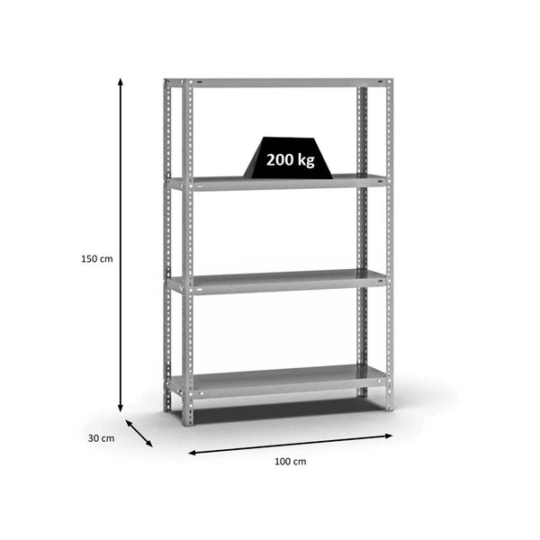 PROREGAL Fachbodenregal Schraubsystem Medium-Duty Grundregal HxBxT 150 x 100 x 30 cm 4 Ebenen Fachlast 200 kg Beidseitig Nutzbar Verzinkt