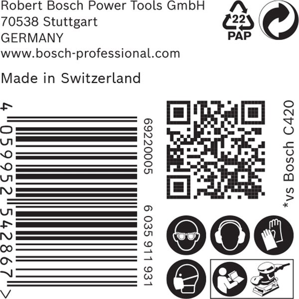 Informationen zu Robert Bosch Power Tools GmbH, Barcode, QR Code, Recycling-Symbol, Sicherheitsvorkehrungen und Produktdetails