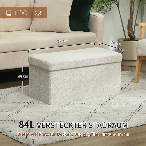 HOMCOM Sitzbank mit Stauraum faltbar Polsterbank mit Samtoptik, Sitztruhe, Truhenbank für Wohnzimmer Schlafzimmer Flur 76 x 38 x 38 cm, Cremeweiß