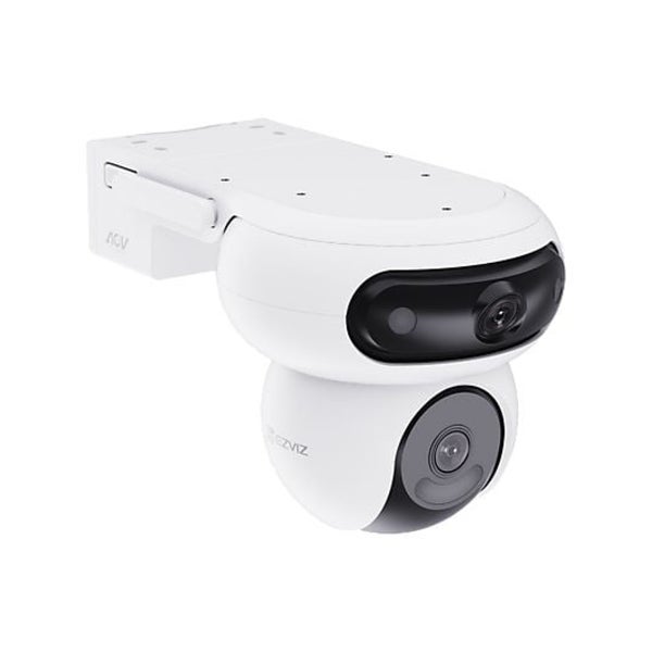 EZVIZ Dual-Lens Überwachungskamera für den Außenbereich mit Schwenk- und Neigefunktion sowie Wandhalterung.