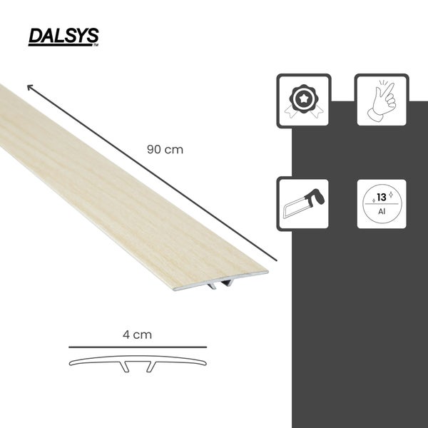 DALSYS Übergangsprofil aus Aluminium in Holzoptik, 90 Zentimeter lang, 4 Zentimeter breit. DALSYS Logo. Symbole für Qualität und einfache Montage.